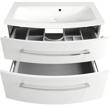 Waschtischunterschrank mit zwei offenen Schubladen und Waschbecken