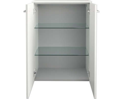 Geöffneter weißer Badschrank mit zwei Glasböden für Badezimmerutensilien