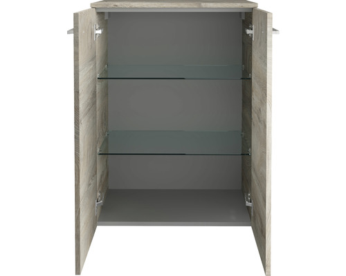 Geöffneter Holzschrank mit zwei Glasböden