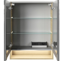 Offener Spiegelschrank mit Glasablagen und Steckdosenmodul