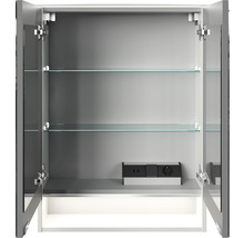 Offener Spiegelschrank mit Glasablagen und Steckdosenelement