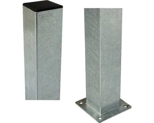 Zwei Vierkantrohrpfosten aus Metall, einer mit Abdeckkappe und einer mit Fussplatte