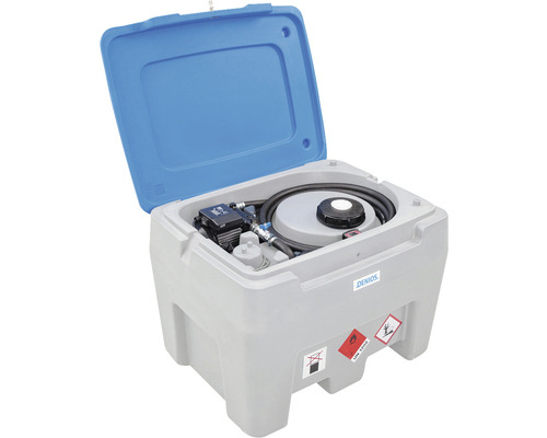 Mobile Dieseltankanlage Polymove 250 mit E-Pumpe 230V polyethylen grau/blau 250 l Denios Transporttank mit Pumpe und geöffnetem Deckel