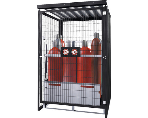 Gasflaschenlagerbox Typ GSN 1.15 ohne Bodengruppe für 25 Gasflaschen à 50 l Gasflaschenschrank mit Warnschildern und Gasflaschen