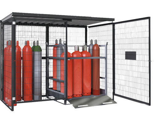 Gasflaschenlagerbox Typ GSN 2.28 ohne Bodengruppe für 50 Gasflaschen à 50 l Gasflaschenschrank aus Metallgitter mit Regalen und Gasflaschen