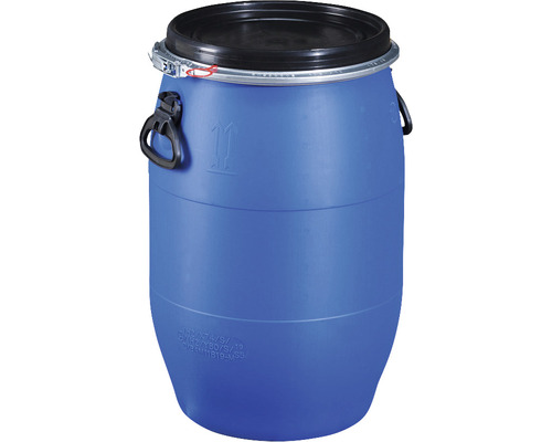 Blauer Kunststoffbehälter mit schwarzem Deckel und Spannring