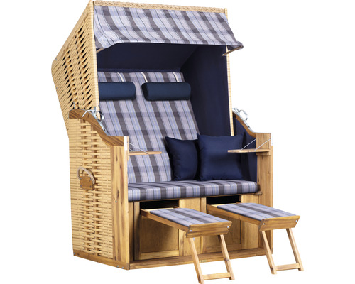 Strandkorb Trendy By DevriesTrend 10+, Stoff 745 Geflecht natur, Akazie FSC 100% Strandkorb aus Korbgeflecht mit ausziehbaren Fußstützen und kariertem Stoff