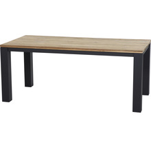 Rechteckiger Gartentisch mit Tischplatte aus Holz und schwarzem Metallgestell