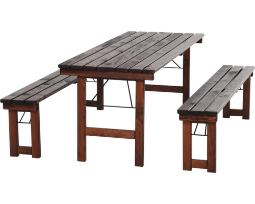 Biertischgarnitur mit einem Tisch und zwei Bänken aus Holz