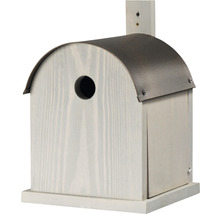 Vogelhaus aus Holz mit Metalldach und Einflugloch