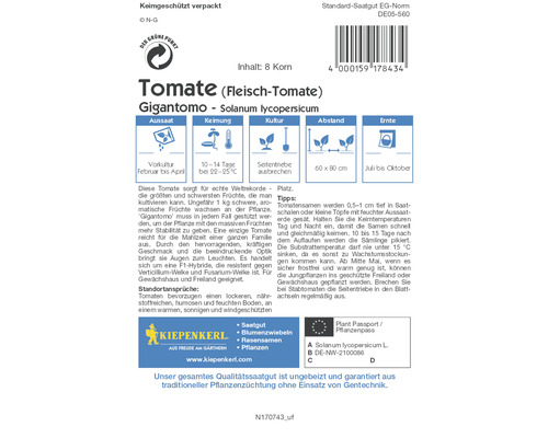 Saatguttüte Tomate Gigantomo mit Informationen zu Aussaat, Keimung, Kultur, Abstand und Ernte