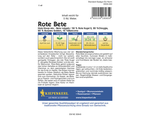 Rote Bete Saatgutpackung der Marke Kiepenkerl mit Informationen zu Aussaat, Keimung, Standortansprüchen und Ernte