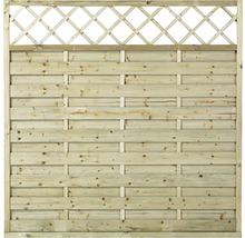 Holzzaun mit horizontalen Brettern und Gittereinsatz