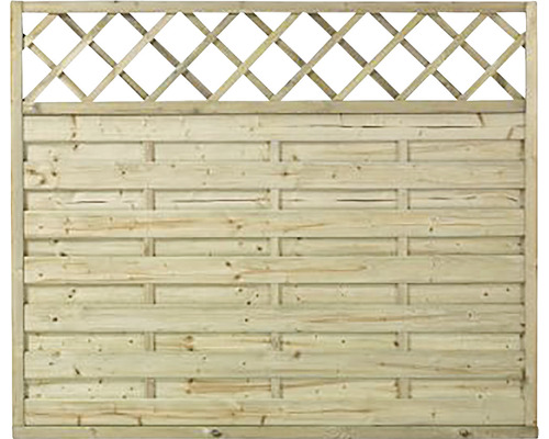 Holzzaun mit horizontalen Brettern und Rankgitter