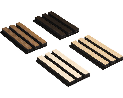 Akustikpaneele aus Holz in verschiedenen Farbtönen