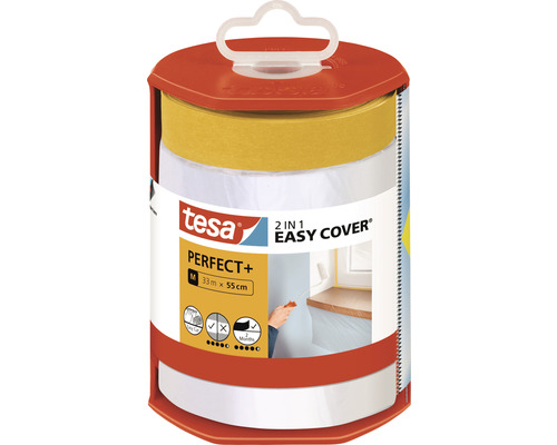 Tesa 2-in-1 Easy Cover Perfect Abdeckfolie mit Klebeband, 33 Meter x 55 Zentimeter