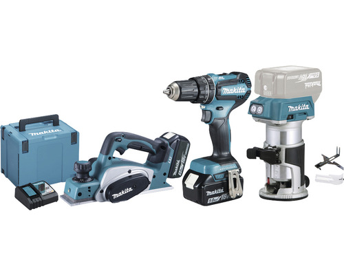 Akku-Spezialset Makita LXT DLX3116TJ 18 V inkl. Transportkoffer, inkl. 2 Akkus Makita Werkzeugset mit Hobel, Bohrmaschine, Oberfräse, Akkus, Ladegerät und Werkzeugkoffer