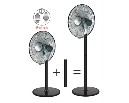 Illustration eines Ventilators mit Schalter zur Geschwindigkeitsregelung und Montageanleitung
