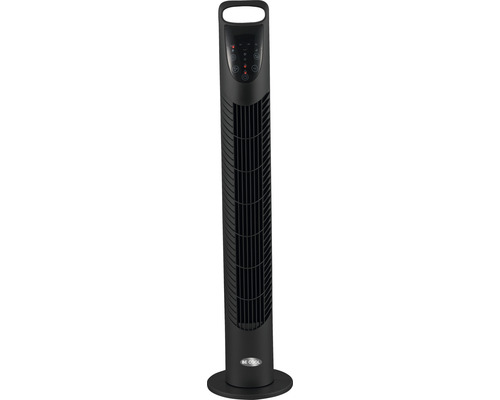 Schwarzer Turmventilator mit Bedienelementen und Griffmulde