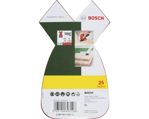 Bosch Logo. Schleifpapier Set für Black and Decker Mouse Schleifer, Körnungen 80, 120 und 180, 25 Stück