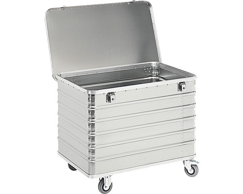 Geöffnete Transportbox aus Aluminium mit Rollen