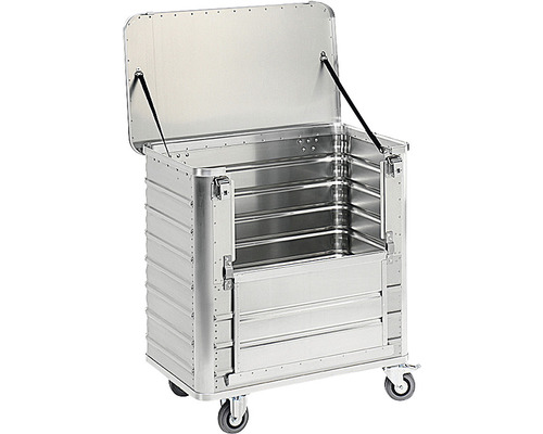 Aluminium Transportbox mit Rollen und geöffnetem Deckel.