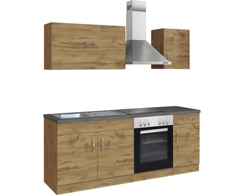 Komplette Küche mit Spüle, Kochfeld, Backofen, Dunstabzugshaube und Hängeschränken