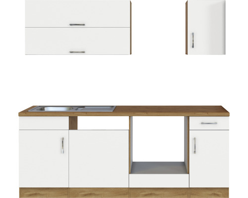 Küchenzeile mit Spüle, Unterschränken und Hängeschränken