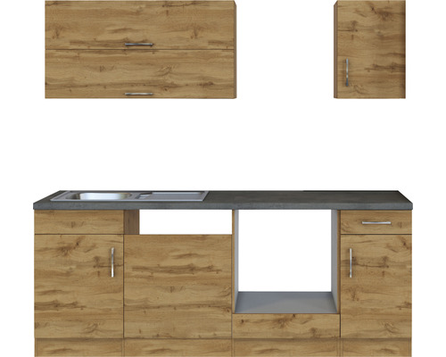 Küchenzeile mit Spüle und Ober- und Unterschränken