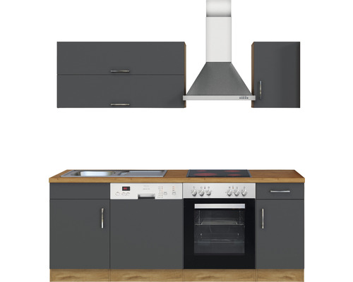 Küchenzeile mit Spüle, Geschirrspüler, Herd, Backofen, Dunstabzugshaube und Schränken