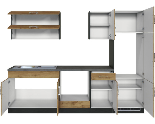 Küchenzeile mit Spüle, Schubladen und Schränken