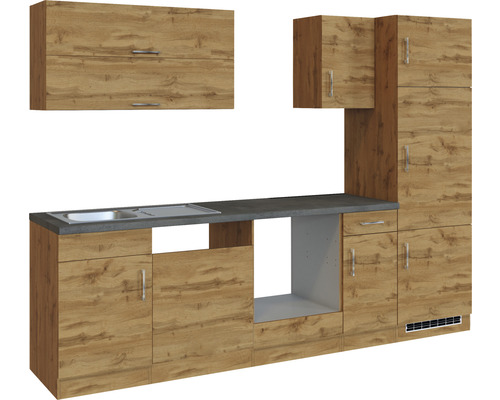 Komplette Küche mit Spüle, Hängeschrank und Unterschränken in Holzoptik