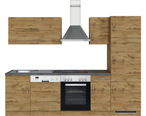 Komplette Einbauküche mit Spüle, Geschirrspüler, Herd, Dunstabzugshaube und Schränken im Holzdesign