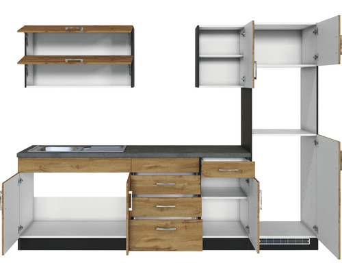 Küchenzeile mit Spüle, Schubladen und Schränken zur Kücheneinrichtung