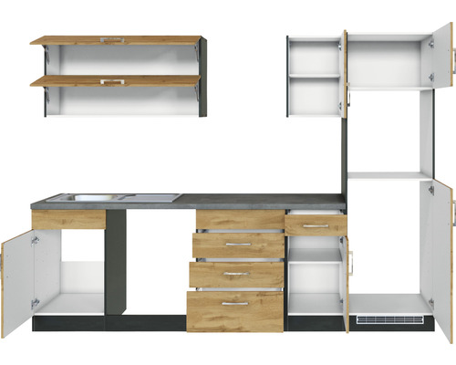 Küchenzeile mit Spüle, Schubladen und Schränken