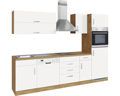 Komplette Küchenzeile mit Spüle, Geschirrspüler, Kochfeld, Dunstabzugshaube und Backofen in Weiß und Holzoptik