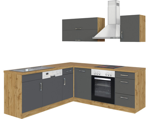 Komplette Eckküche mit Spüle, Geschirrspüler, Backofen, Kochfeld, Dunstabzugshaube und Hängeschränken.