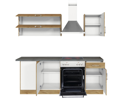 Küchenzeile mit Hängeschränken, Dunstabzugshaube, Herd und Spülenschrank