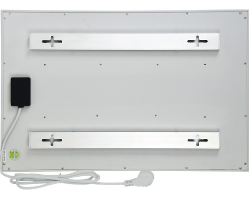 Rückseite eines Spiegels mit Montagehalterung, Stromkabel und Stecker