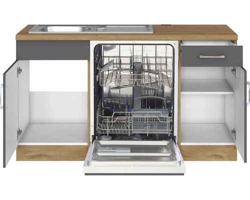 Spülbeckenunterschrank mit Spülmaschine und offenen Schrankfächern