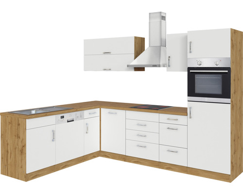 Komplette Eckküche mit Spüle, Geschirrspüler, Kochfeld, Backofen und Dunstabzugshaube.