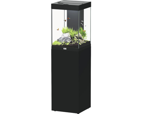 Aquariumkombination aquatlantis Aqua Tower 96 l, inklusive EASY LED 2.0 Beleuchtung, Innenfiltersystem, Heizer und Unterschrank schwarz Komplettaquarium mit Unterschrank, inklusive Dekoration und Fischen.