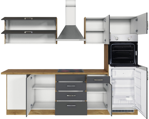 Küchenzeile mit Schränken, Schubladen, Dunstabzugshaube, Herd, Ofen und Kühlschrank