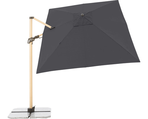 Quadratischer Ampelschirm mit Holzständer und Steinplatte