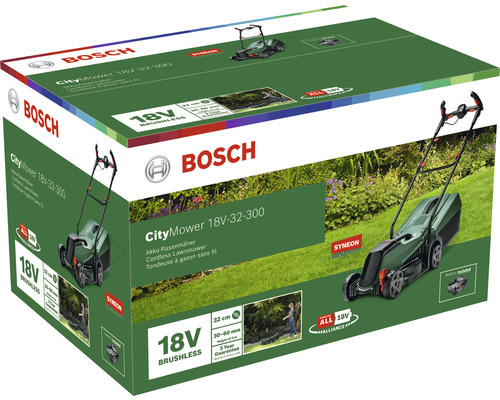 Verpackung eines Bosch CityMower 18V-32-300 Akku-Rasenmähers