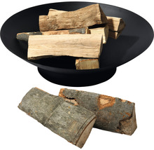 Feuerschale aus Metall mit Brennholz