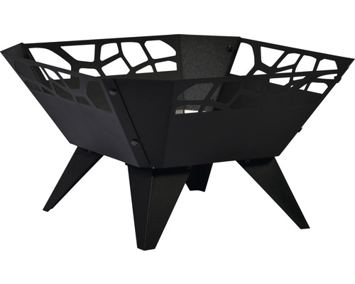 Schwarze Feuerschale aus Metall mit geometrischen Ausschnitten