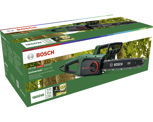 Verpackung der Bosch UniversalChain 35 Elektro Kettensäge mit 1800 Watt Leistung