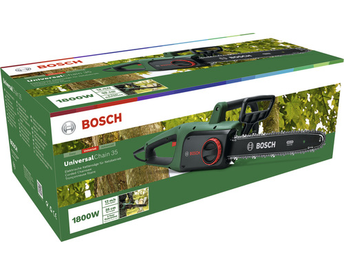 Verpackung der Bosch UniversalChain 35 Elektro Kettensäge für den Netzbetrieb mit 1800 Watt Leistung