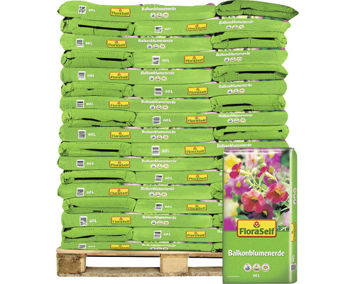 Palette mit FloraSelf Balkonblumenerde, 60 Liter Säcken